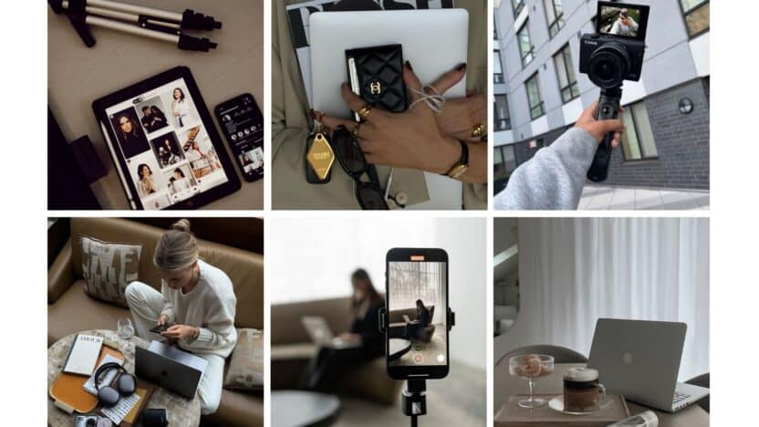 Creative digital workspace with photography gear, laptop, and smartphone setup for content creation and social media management.