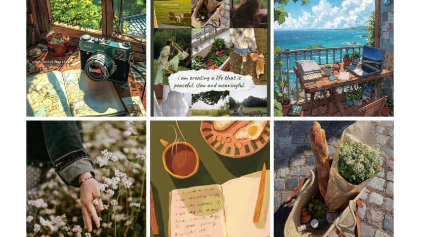 Collage showcasing peaceful living: vintage camera, nature, cozy workspace, hand touching flowers, tea, baguette, and flowers in a basket.