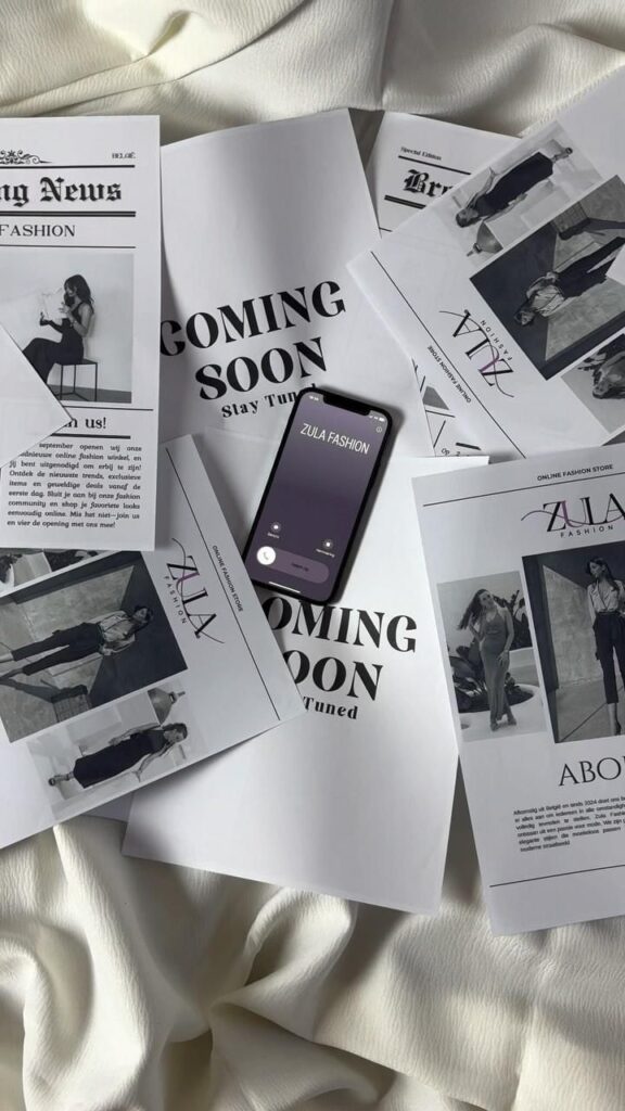 Fashion store Zula coming soon announcement with magazine and phone on fabric. Stay tuned for updates.