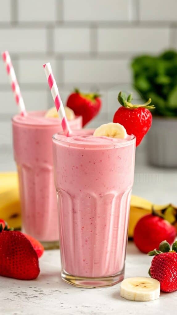 Strawberry banana smoothies in glasses with straws, surrounded by fresh strawberries and bananas, on a light kitchen countertop.