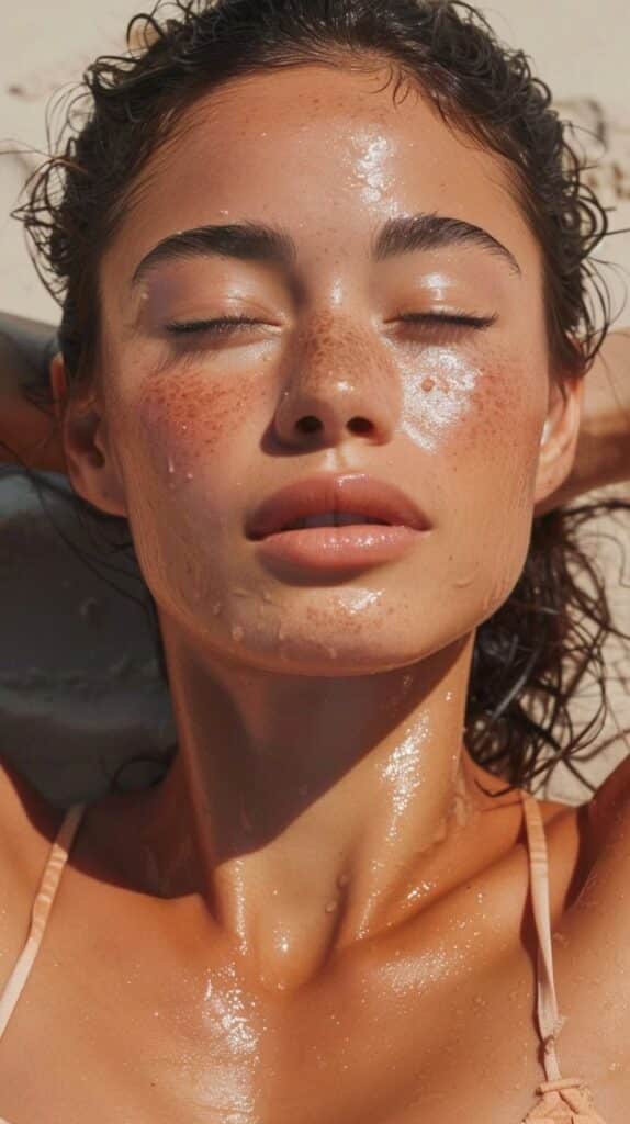 Sun-kissed woman with freckles and glowing skin relaxing on the beach, eyes closed, enjoying summer warmth.