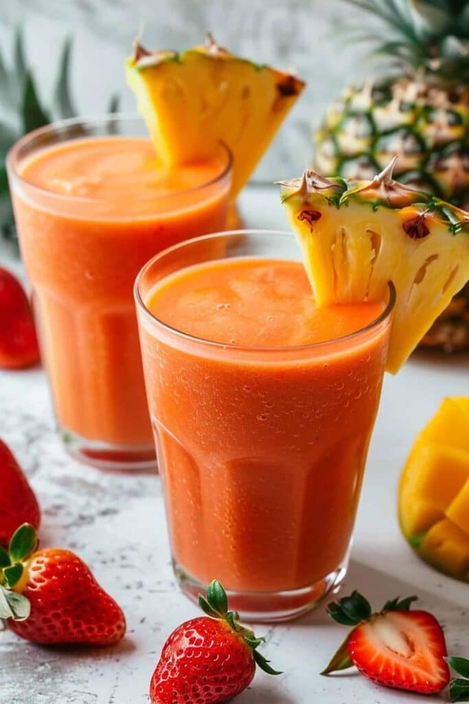 Sunrise Sunset Tropical Smoothie Copycat Recipe - Handy Home Refreshing tropical smoothie with pineapple, strawberry, and mango garnishes, perfect for a healthy summer treat.