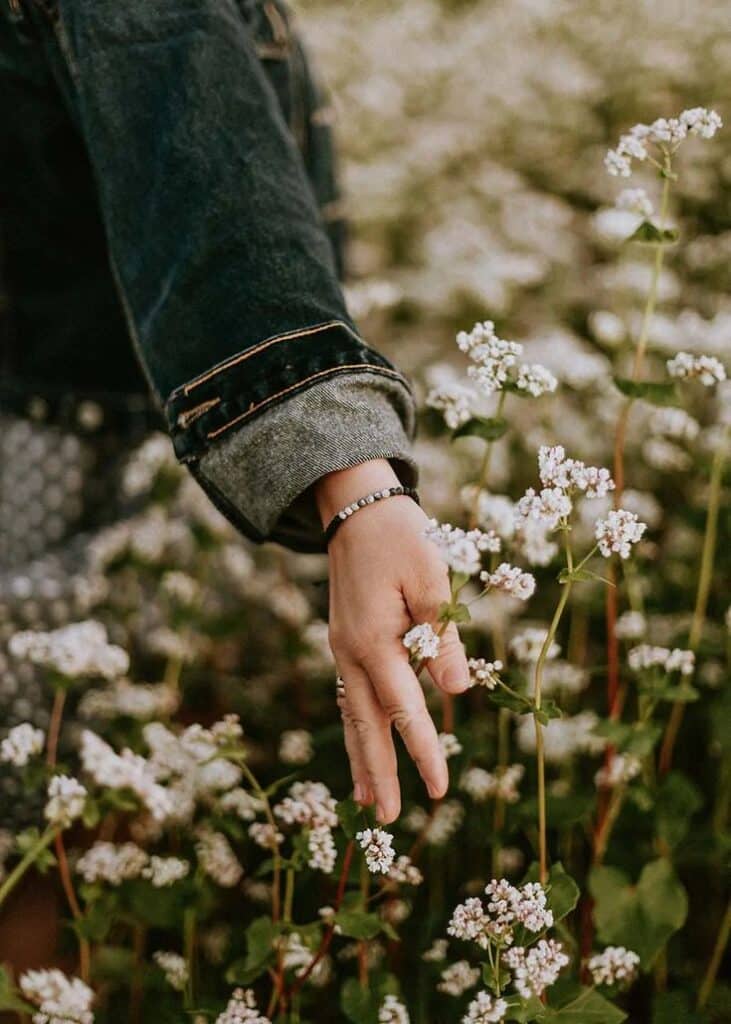 Hand gently touching white flowers in a field, wearing a denim jacket. Nature and tranquility concept.