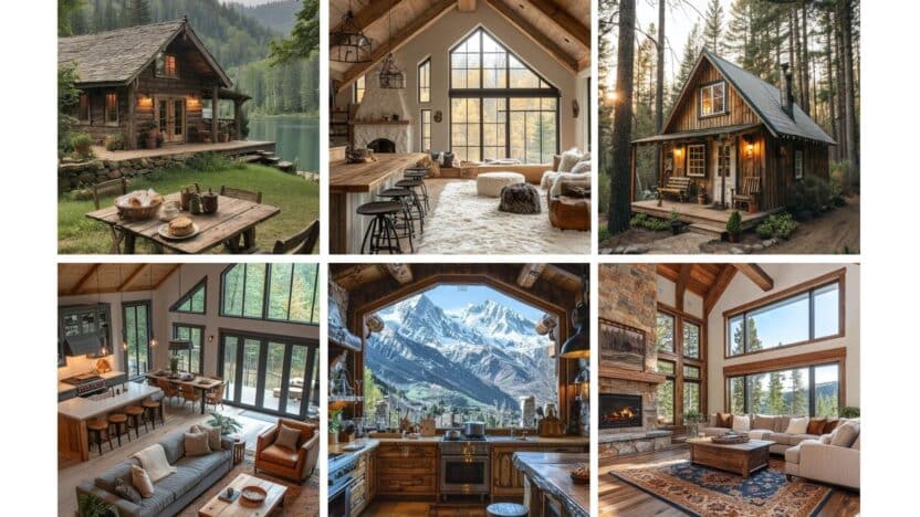 Rustic cabin interiors and exteriors with scenic mountain views, cozy furnishings, and natural wood finishes. Perfect retreat settings.