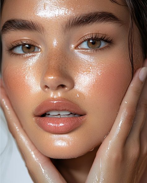 Close-up of a woman's radiant, dewy face with glossy skin and natural makeup, highlighting her glowing complexion.