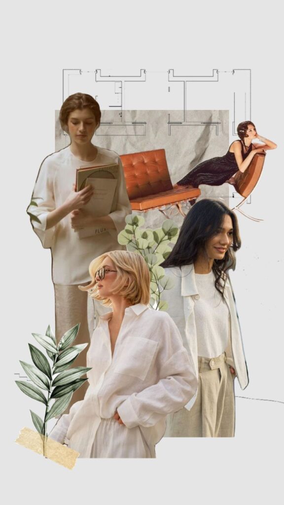 Fashion collage with women in stylish outfits, architectural sketch, and botanical elements, evoking a chic and artistic vibe.
