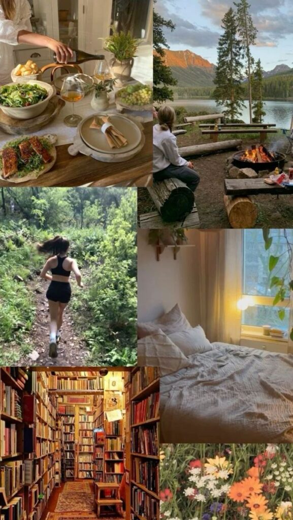 Cozy collage: dining, campfire by the lake, trail running, bedroom, library, wildflowers. Embrace nature and relaxation.