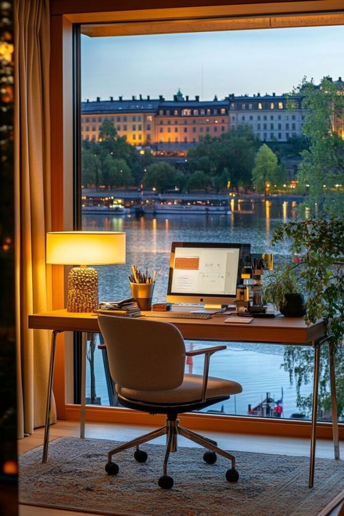 Cozy home office with computer overlooking a serene waterfront and lit buildings at dusk. Perfect for productivity and inspiration.