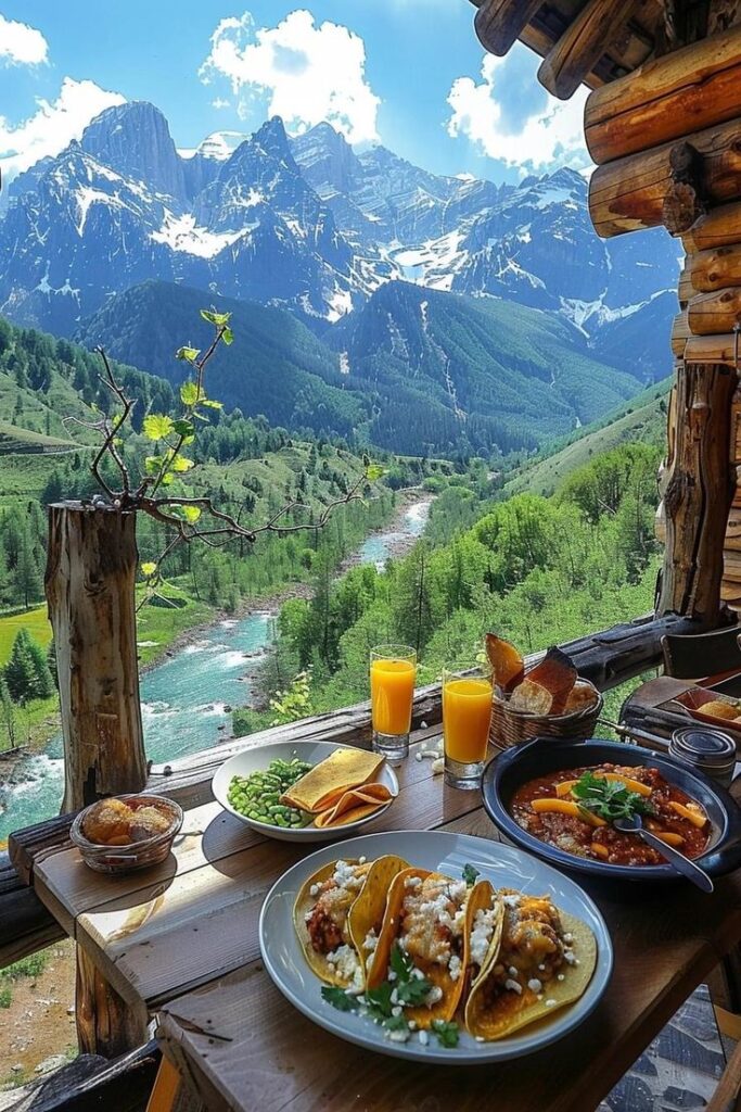 Scenic mountain view with a rustic meal setup; tacos, stew, and orange juice on a wooden table by a river, under a blue sky.