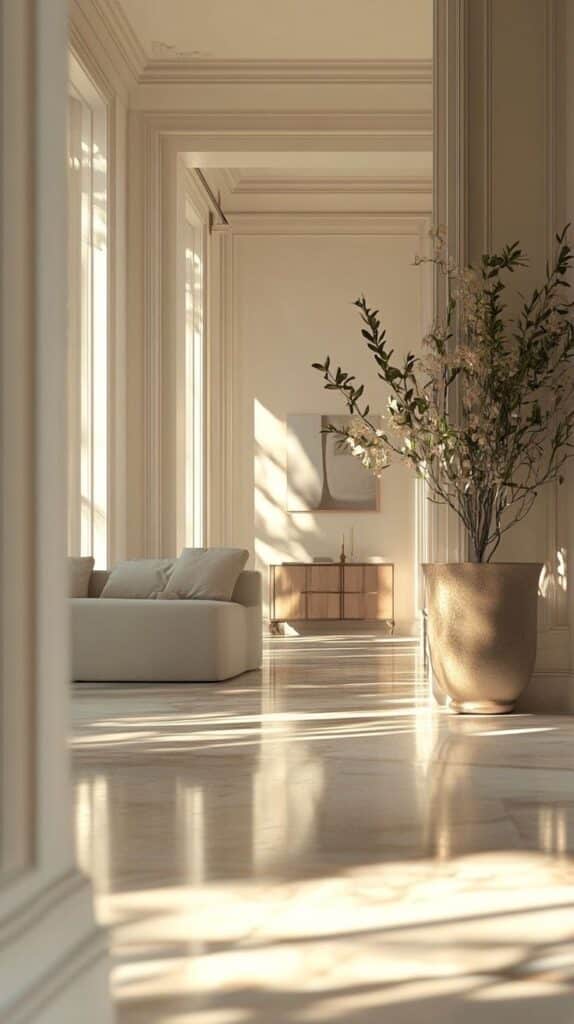 Elegant interior with soft sofas, large potted plant, and sunlight casting shadows on polished floors, creating a serene atmosphere.