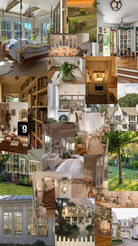 Collage of cozy and elegant home interiors and exteriors, featuring warm decor, lush gardens, and inviting living spaces.