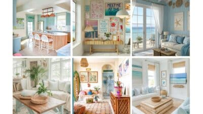 Coastal-themed home decor ideas: beach-inspired interiors with pastel hues, ocean view, and natural textures.