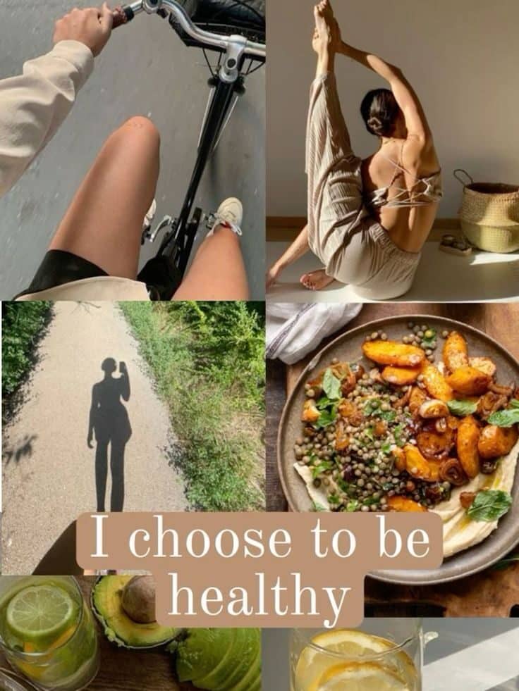 Collage of healthy living: biking, yoga, nutritious meals, fresh produce, and lemon water. Text overlay: I choose to be healthy.