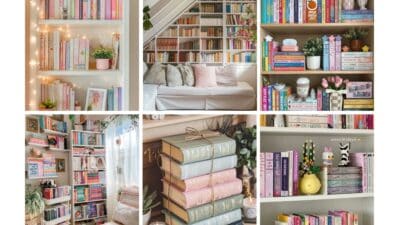 Cozy home library with colorful book stacks and decorative shelves, perfect for reading and relaxation.