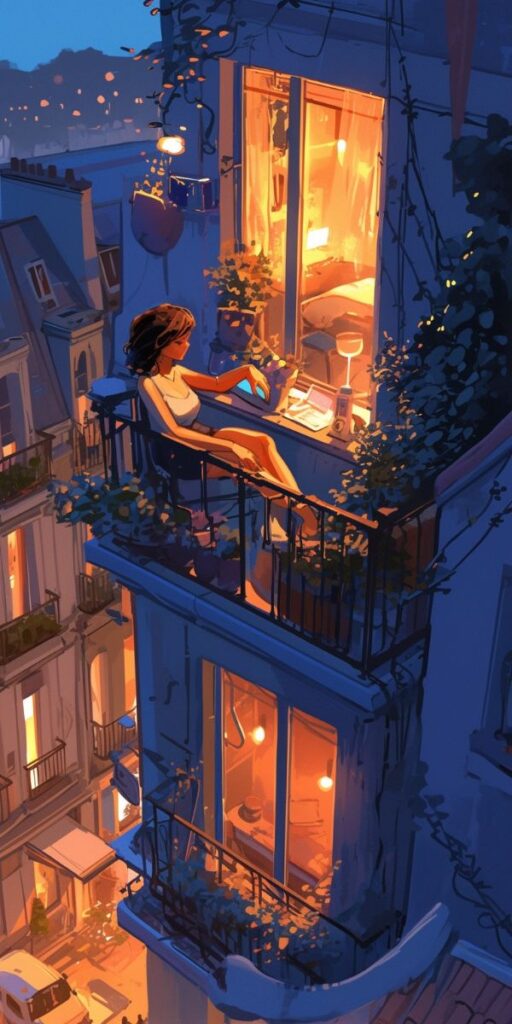 Woman relaxing on a balcony at dusk, illuminated by warm lights, with a tablet in hand. Cityscape view in the background.