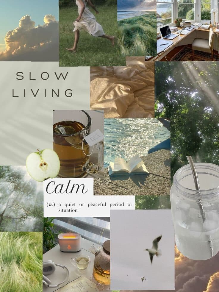 calm peace slow slowliving 2025 coastal - Handy Home Collage of serene images: nature, sunlight, tea, and an inviting workspace. Embracing slow living and calm moments.