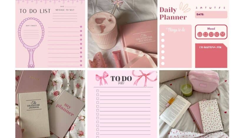Pink-themed productivity tools and diaries with to-do lists, planners, gratitude journals, and a smoothie for organized daily planning.