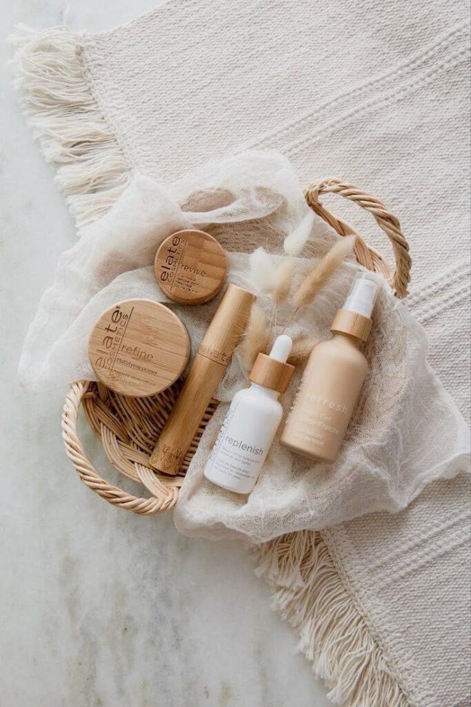 Eco-friendly skincare products in a woven basket on a soft, textured surface, promoting natural beauty and sustainable living.