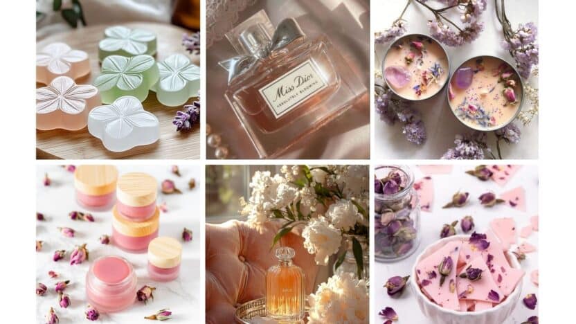 Assorted floral cosmetics and perfumes: soaps, candles, balms, and perfumes in elegant settings with flowers.