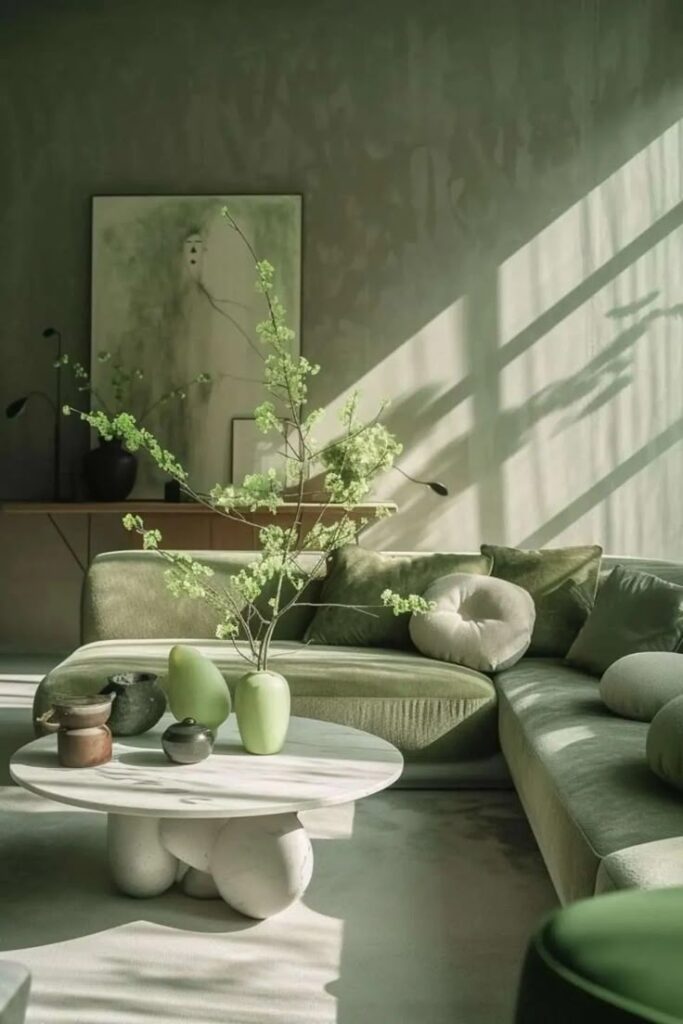 Modern living room with green sofa, round coffee table, and minimalist decor. Sunlit space with plants and abstract art.