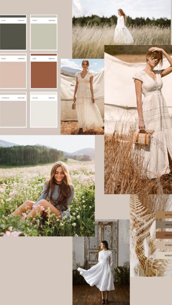 Collage of women in nature-inspired fashion, soft colors, and mood board with earthy tones and cool palettes for style inspiration.