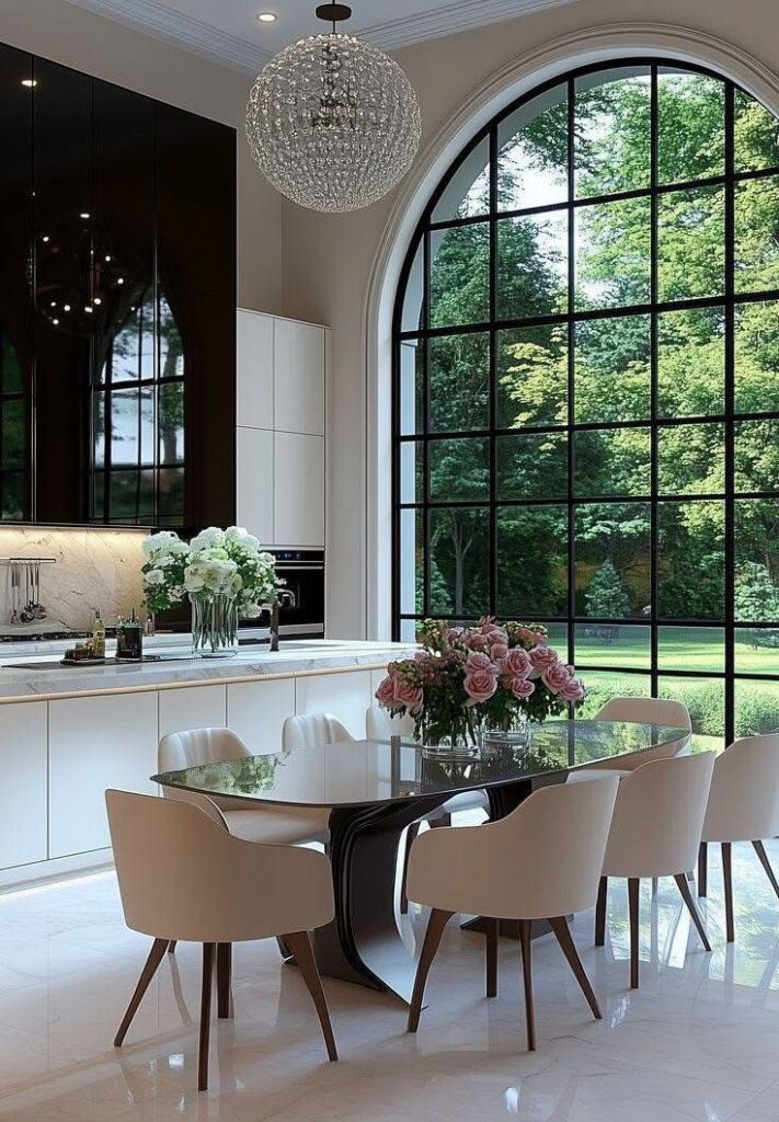 Modern kitchen with large arched window, elegant dining table, chandelier, and scenic greenery outside.