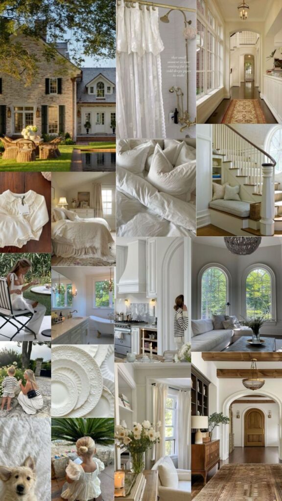 Collage showcasing cozy home interiors and exteriors with elegant decor, warm lighting, and relaxing outdoor spaces for a charming lifestyle.