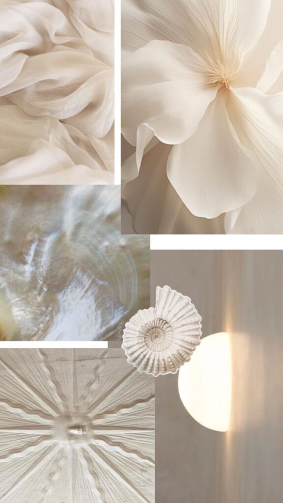 Collage of soft, neutral textures: chiffon, petals, shell, and abstract patterns in soothing beige tones. Perfect for a calming vibe.