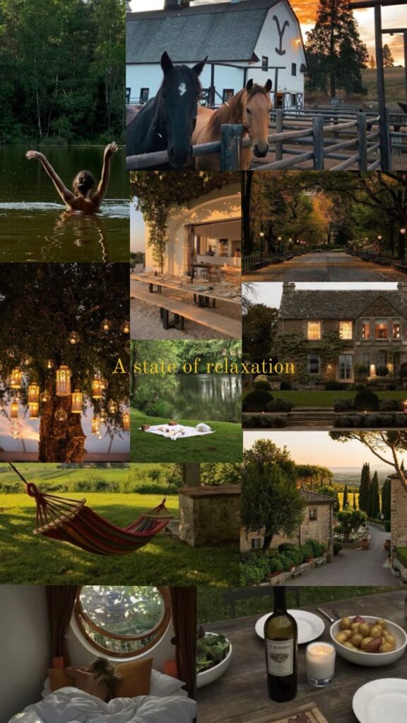 Collage of serene outdoor and indoor scenes: swimming, horses, dining, and nature. Text: A state of relaxation.