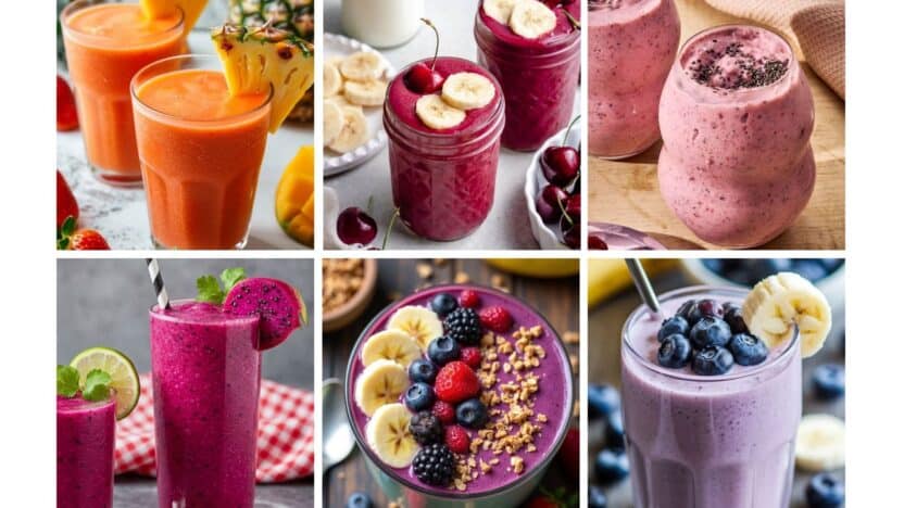 Various colorful smoothies with fruits like banana, berries, cherries, and pineapple. Healthy, refreshing drinks in glasses.