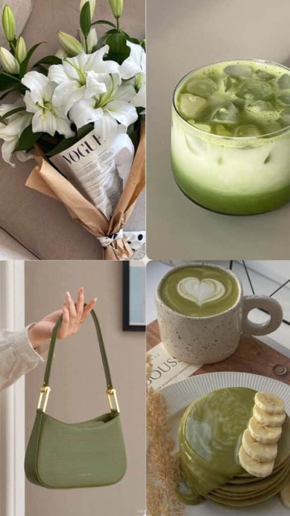 Chic lifestyle: white lilies, iced matcha, green handbag, matcha latte, and pancakes with banana slices for a fresh vibe.