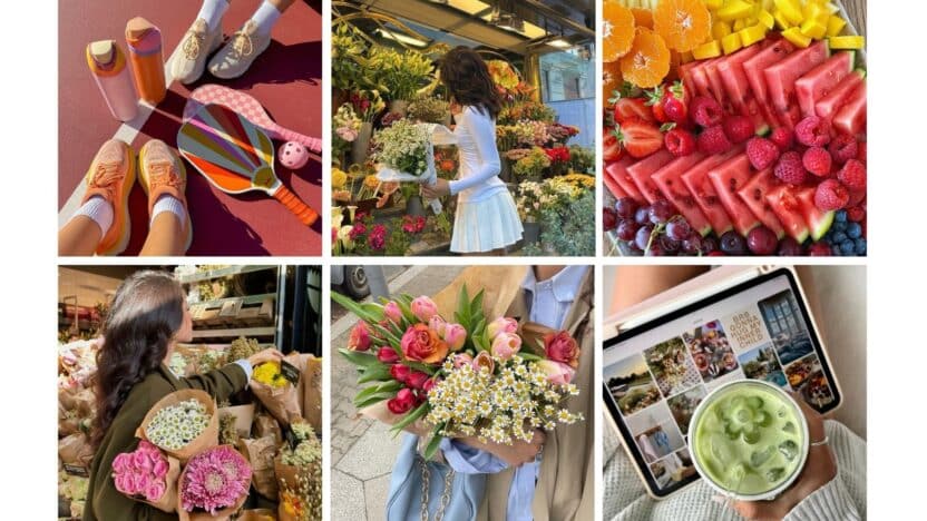 Colorful collage: sports gear, blooming flowers, fresh fruits, floral bouquets, and a refreshing green drink with tablet browsing.