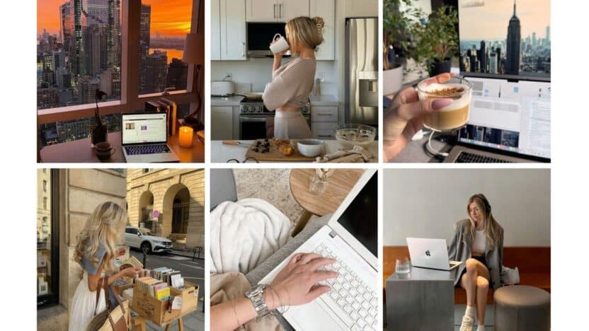 Collage of lifestyle scenes: city skyline, woman with coffee, reading books, working on a laptop, and a cozy office vibe.