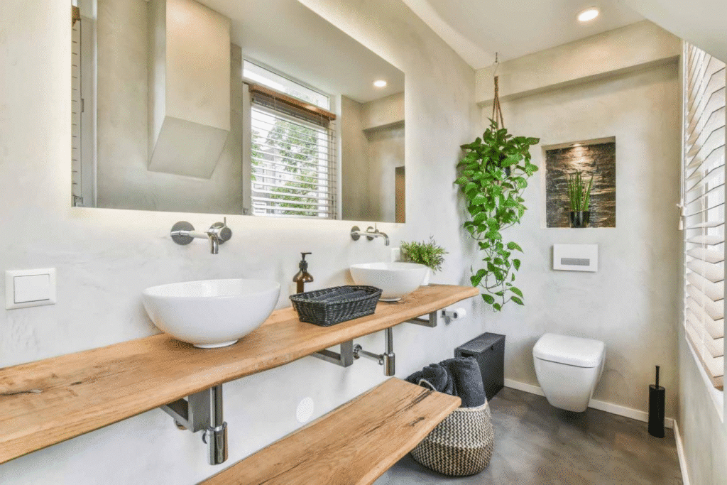 Modern bathroom with double sinks, wooden counter, hanging plants, and natural lighting from window blinds. Minimalist and stylish design.