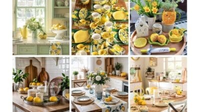 Bright kitchen decor with vibrant lemon themes, featuring floral arrangements, colorful table settings, and rustic wood accents.