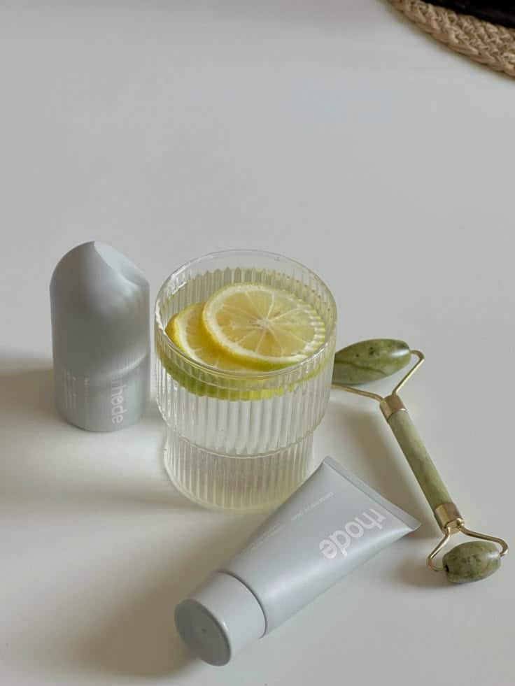 Skincare essentials with jade roller, cream tubes, and lemon water on a white surface, promoting a refreshing beauty routine.