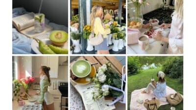 Collage of lifestyle moments: fresh flowers, healthy drinks, melon slices, and a serene outdoor picnic by the lake.