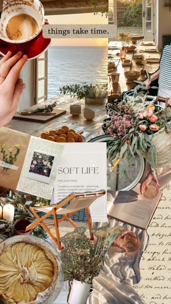 Collage of cozy lifestyle elements: coffee, flowers, books, and a serene seaside view with things take time quote for mindfulness.