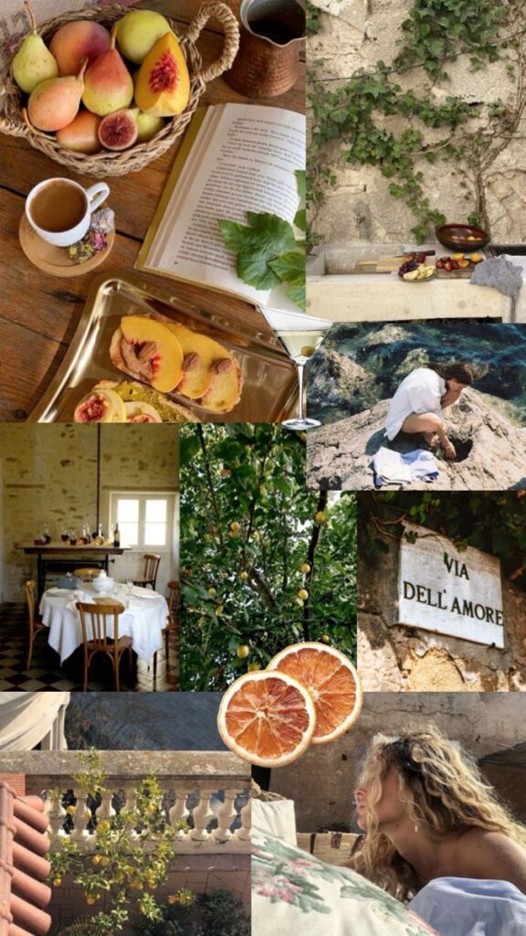 Rustic collage featuring fresh fruit, cozy brunch, nature, a woman by the sea, and the Via Dell Amore street sign.