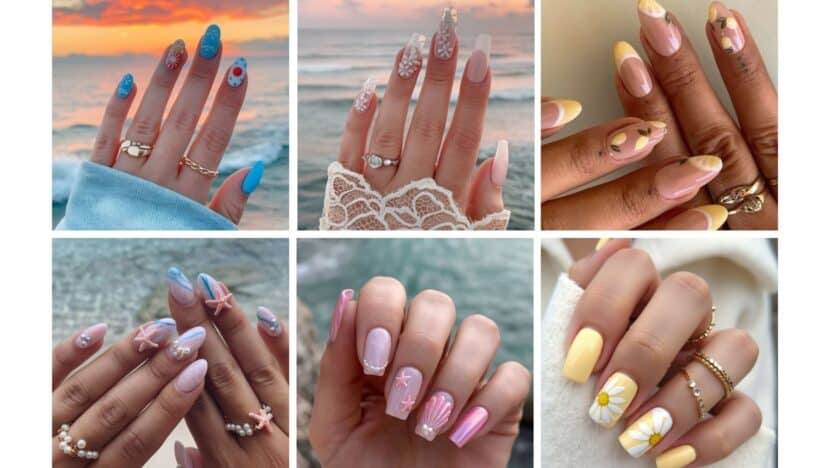 Colorful summer nail art designs featuring seashells, flowers, and pearls. Perfect for vibrant beach-inspired manicure styles.