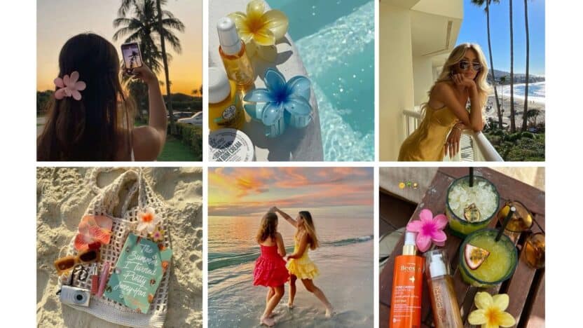 Collage of summer vibes: sunsets, tropical drinks, beach essentials, and ocean views capturing the essence of a perfect getaway.
