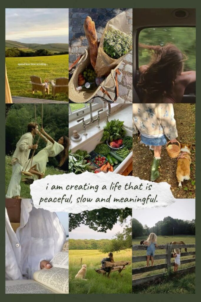 Collage of serene countryside life: nature, fresh produce, relaxed reading, and peaceful moments. Embrace a slow, meaningful lifestyle.