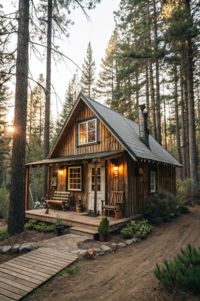 Rustic wooden cabin in a serene forest setting with warm lights glowing at sunset, ideal for peaceful retreats and nature getaways.