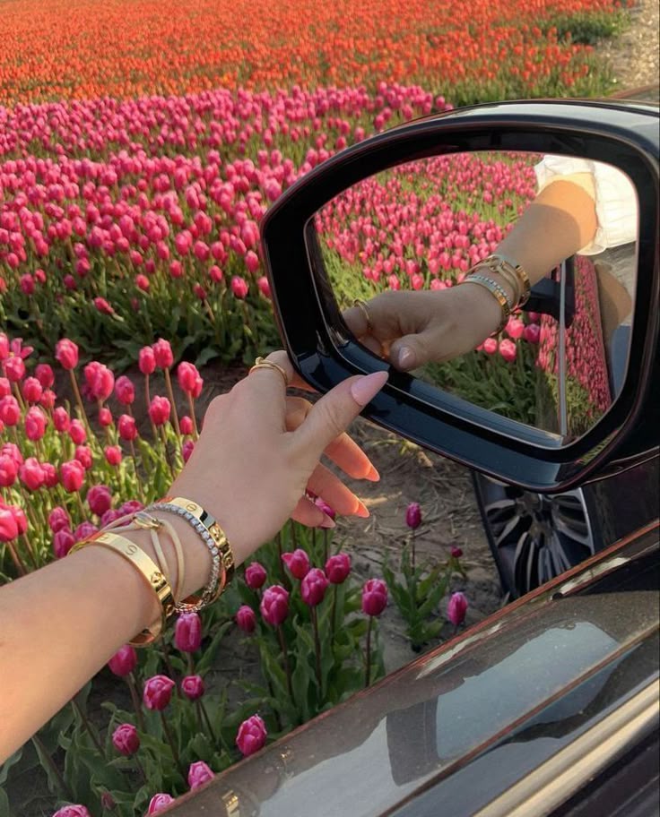 Hand with bracelets touches car mirror, reflecting vibrant tulip fields. Perfect spring drive scene with flowers and jewelry.