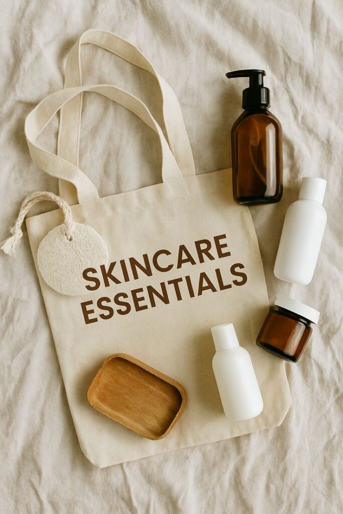 Tote with Skincare Essentials is surrounded by bottles and a soap dish on a beige surface, highlighting essential beauty items.