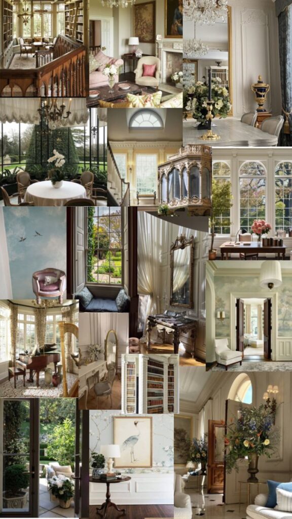 Collage of elegant interiors with luxurious decor, featuring chandeliers, ornate furniture, and grand windows overlooking gardens.