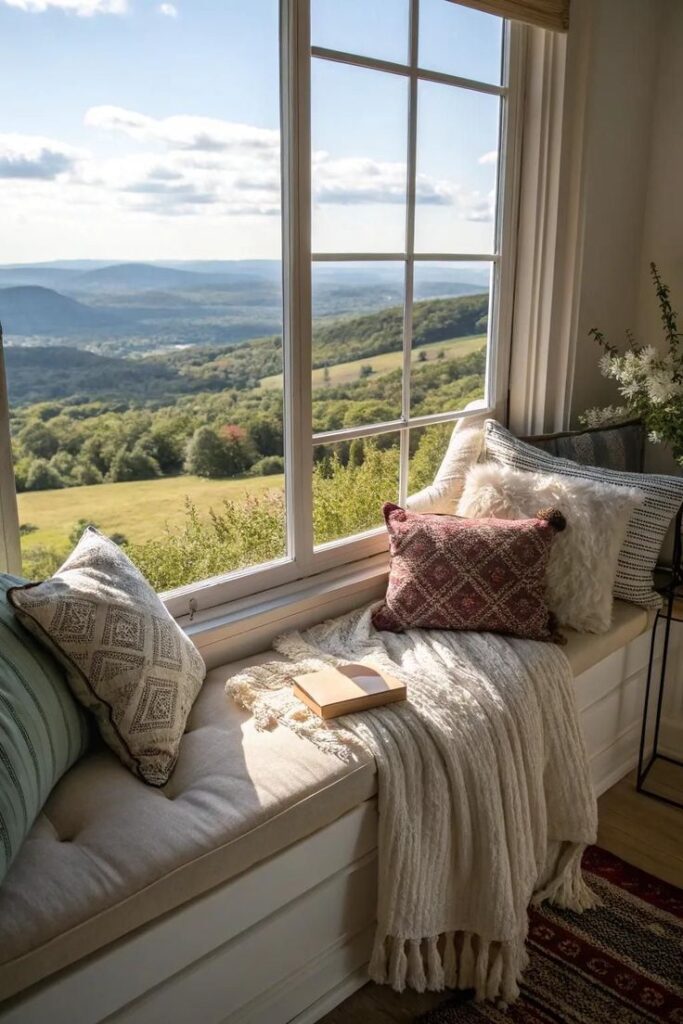 Cozy window seat with cushions, blanket, and book overlooking a scenic mountain landscape on a sunny day.