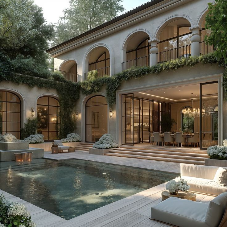 Luxurious Mediterranean villa with elegant arches, pool, and lush greenery creating a serene and inviting outdoor space.