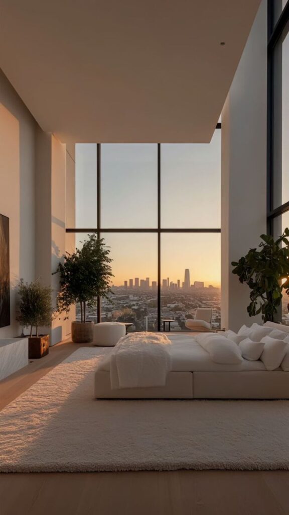 Luxury bedroom with large windows overlooking a city skyline at sunset, featuring modern decor and cozy elements.