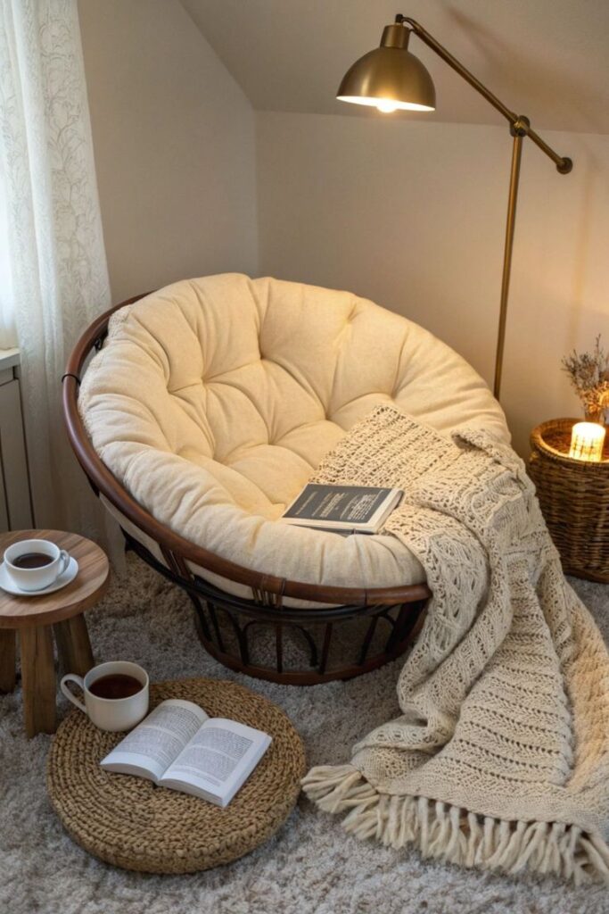 Cozy reading nook with a comfy chair, warm blanket, books, and tea under a lamp in a serene corner. Perfect for relaxation.